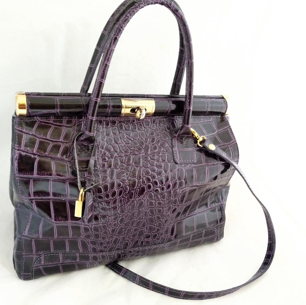 Elegant Purple Croc-Embossed Top-Handle Bag with Strap